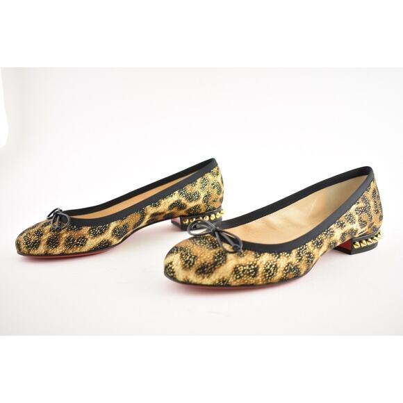 Christian Louboutin La Massine Black Gold Leopard Spike Ballerina Ballet Flat 35 - Picture 9 of 11